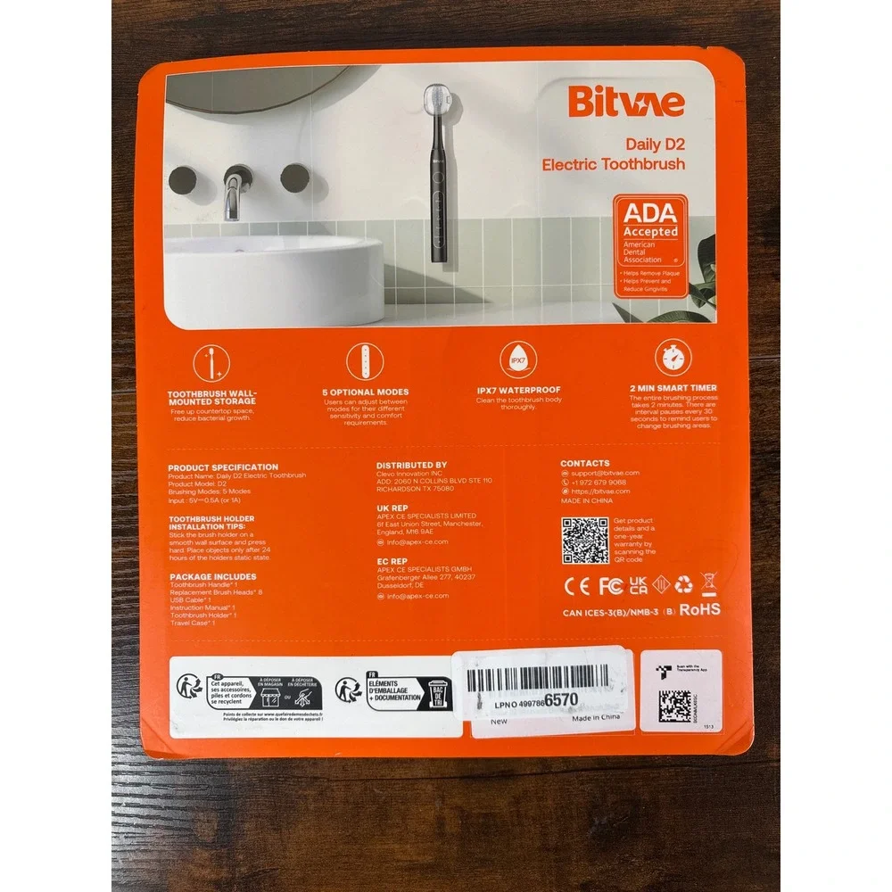 Bitvae Daily D2 Electric Toothbrush Set Black ADA Accepted 8 Heads Travel Case